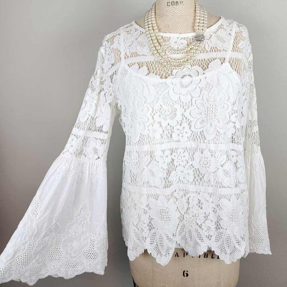 Romantic White Floral Lace Blouse with Flared Bell Sleeves by Adiva Ladies Med